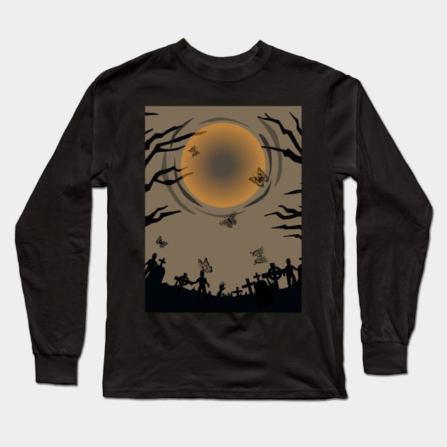 Harmony in Orange: Moon and Zombies Butterfly Long Sleeve T-Shirt by zombies butterfly